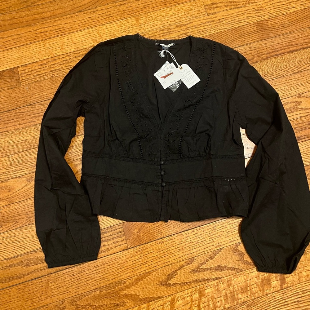 American Eagle Black Lace Inset Peplum Long Sleeve Blouse M NWT